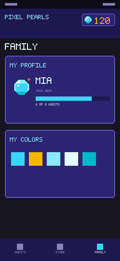 Illustration of the Family tab showing a child's own profile and MyColors.