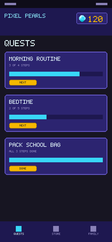 Illustration of the Quests list showing your child's active Quests.